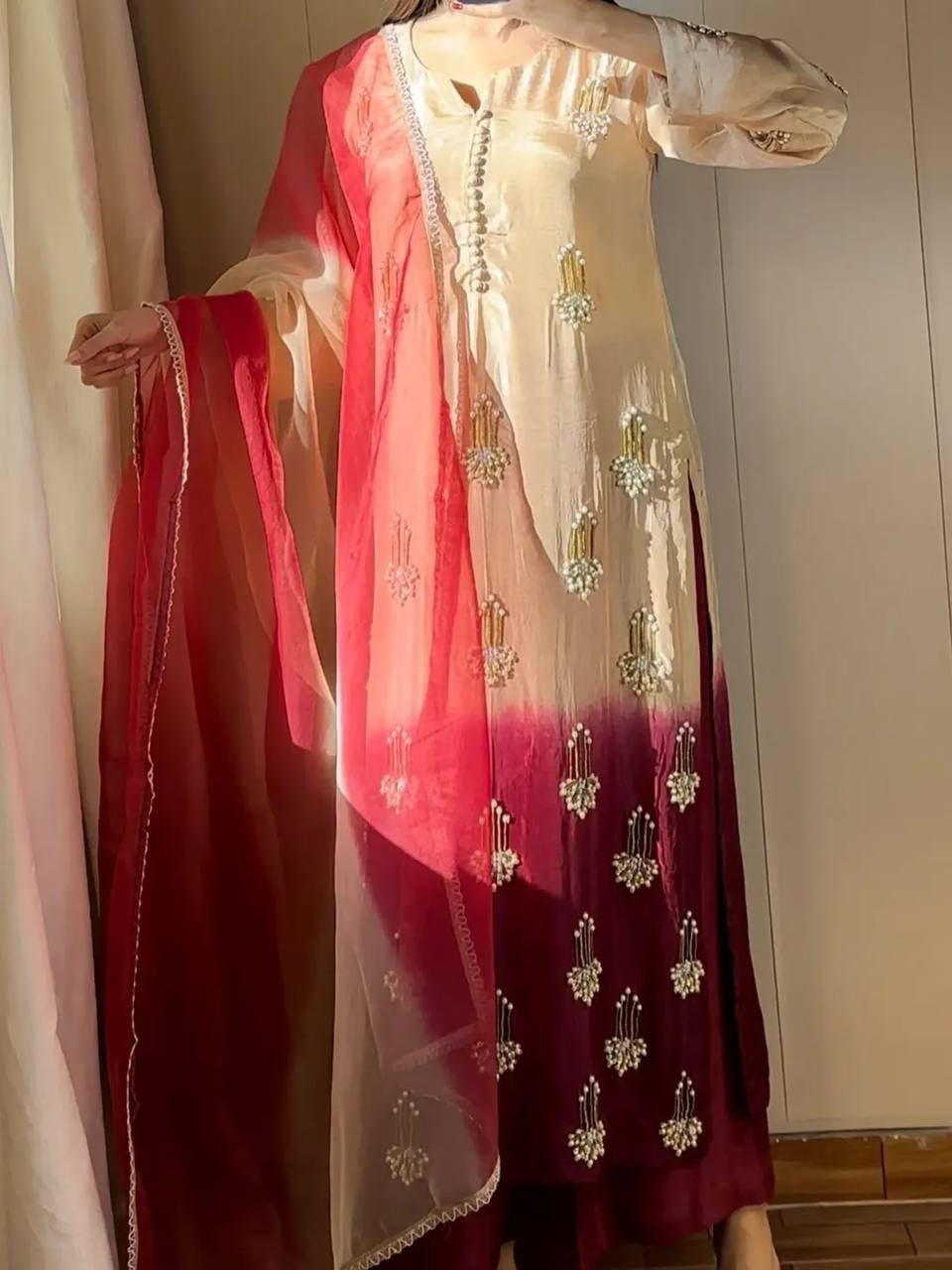 Modern Pearl-Drop Two-Tone Silk Suit